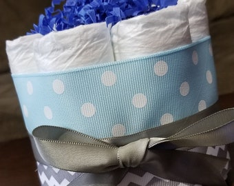 Mini Diaper Cake - Light Blue Polka Dot /Silver Chevron - Boy Baby Shower Centerpiece - Baby Boy Baby Shower Decor - Gray Baby Shower