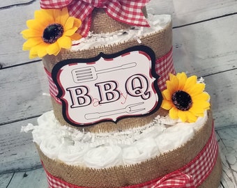 BBQ Baby Q Diaper Cake - Burlap and Pink Blue Yellow Red Checker Diaper Cake - 3 Tier Diaper Cake - Fall Theme Baby Shower Centerpiece