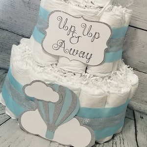 3 Tier Diaper Cake - Hot Air Balloon Diaper Cake Baby Boy Blue, Pink, Mint Green, Silver Gold Up Up and Away Baby Shower / Blue Diaper Cake