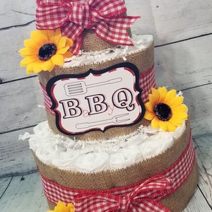 BBQ Baby Q Diaper Cake - Burlap and Pink Blue Yellow Red Checker Diaper Cake - 3 Tier Diaper Cake - Fall Theme Baby Shower Centerpiece