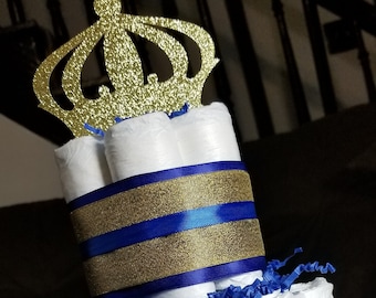 2 Tier Diaper Cake - Royal Blue and Gold Custom Prince Theme Diaper Cake for Baby Shower Centerpiece