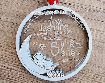 Baby's First Christmas Ornament - Custom Baby Stats Christmas Gift - Personalized Newborn Baby Christmas Gift - Clear and White Ornament