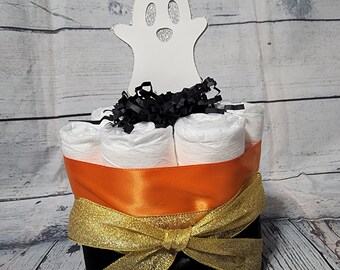 Mini Diaper Cake Little Boo Pumpkin Theme - Gold Black and Orange Ghost Spiderweb Bats Halloween Baby Shower Centerpiece