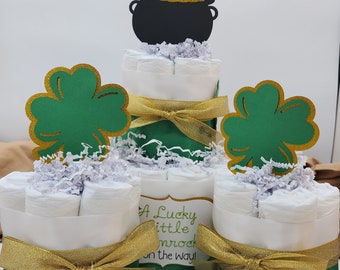 2 Tier Diaper Cake and mini 3 piece set -  A Lucky Little Shamrock is on the Way! Theme - Green and Gold Baby Shower Centerpiece