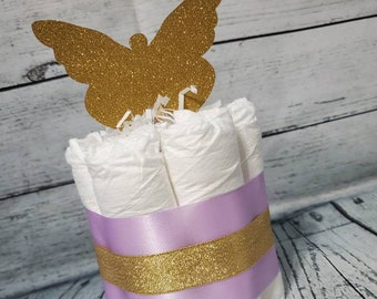 Mini Diaper Cake Butterfly Kisses and Baby Wishes Theme - Silver Purple and Gold Baby Shower Centerpiece