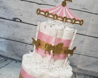 2 Tier Diaper Cake - Carousel Merry Go Round Theme -  Boy Blue Girl Pink White Gold Horses Circus Baby Shower Centerpiece