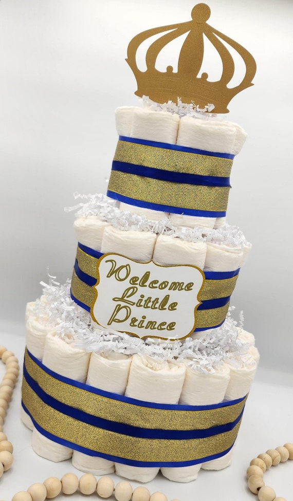 3 Tier Diaper Cake - Royal Blue and Gold Custom Prince Theme Diaper Cake for Baby Shower Centerpiece Black and Gold / Red and Gold Options