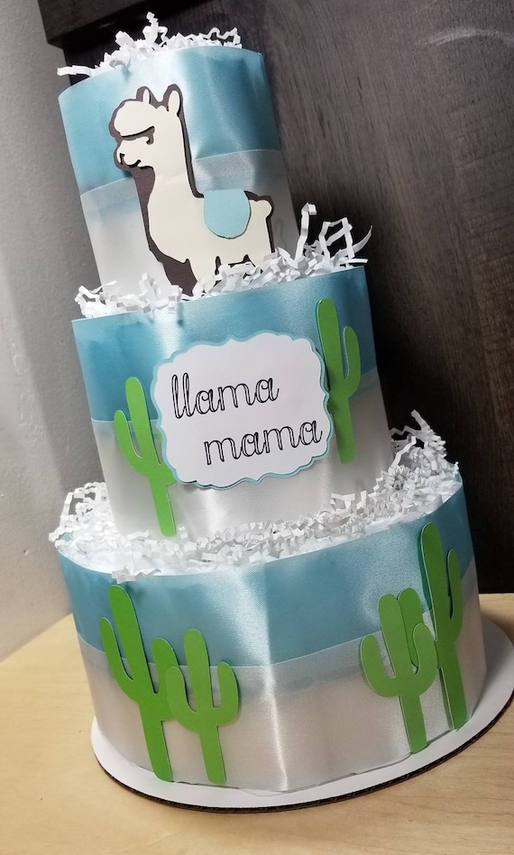 Llama Mama Theme Blue, Pink, Green and Ivory - Cactus Theme - 3 Tier Diaper Cake - Baby Shower Centerpiece