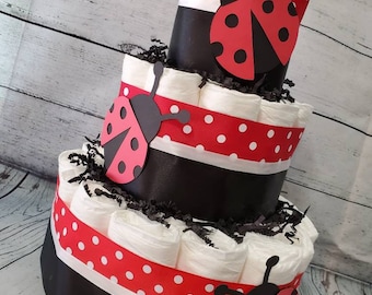 3 Tier Diaper Cake - Lady Bug Theme - Red Polka Dot and Black Baby Shower Centerpiece