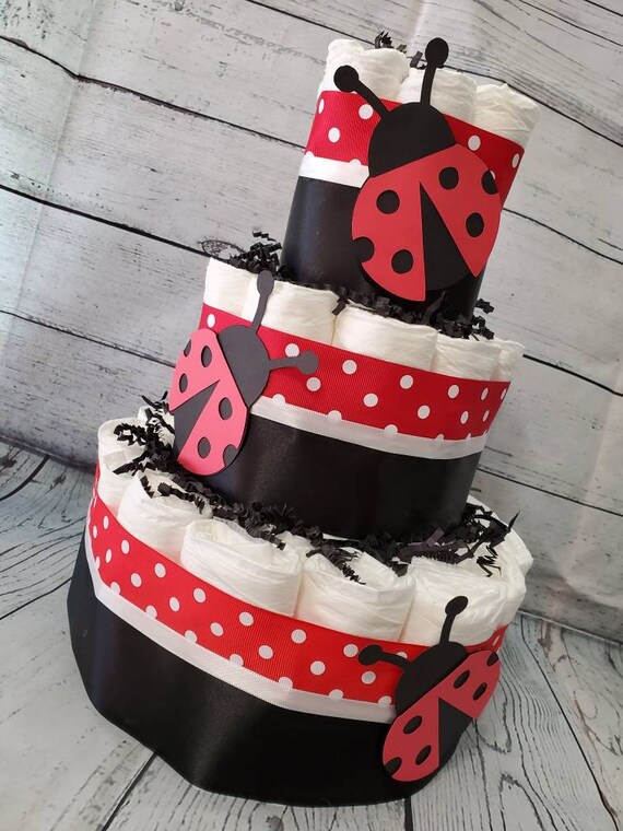 3 Tier Diaper Cake - Lady Bug Theme - Red Polka Dot and Black Baby Shower Centerpiece