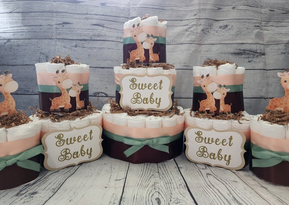 Giraffe with Peach Brown and Sage Green Diaper Cake for Baby Shower/ 3 Tier Diaper Cake 5 piece set / Sweet Baby Neutral Shower Centerpiece
