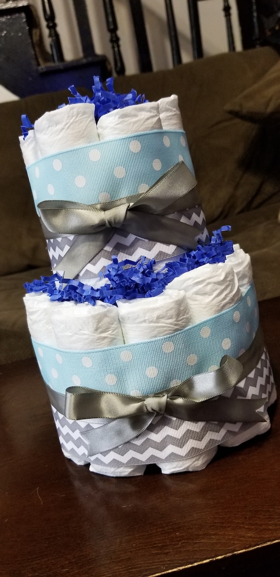 2 Tier Diaper Cake - Light Blue Polka Dot /Silver Chevron - Boy Baby Shower Centerpiece - Baby Boy Baby Shower Decor - Gray Baby Shower