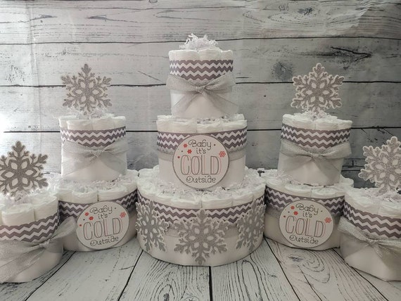 3 Tier Diaper Cake 5 piece set - Baby it's Cold Outside Theme Silver Snowflakes - Winter Theme Baby Shower, Pink Red and Blue