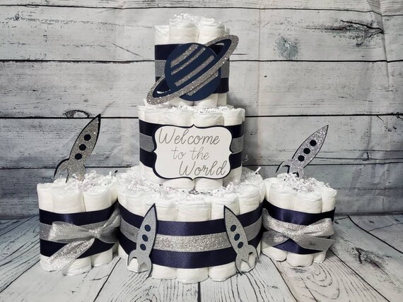 3 Tier Diaper Cake and mini 3 piece set - Welcome to World Outer Space Burlap Navy and Silver Saturn and Rockets Baby Shower Centerpiece