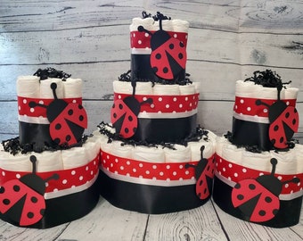 3 Tier Diaper Cake 3 piece set - Lady Bug Theme - Red Polka Dot and Black Baby Shower Centerpiece
