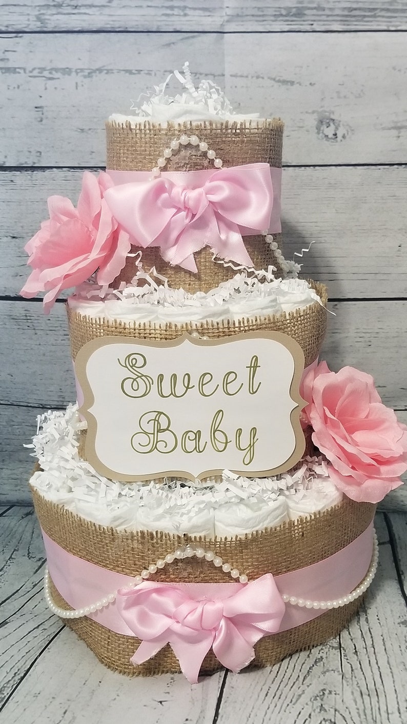 3 Tier Diaper Cake Shabby Chic Diaper Cake Blush Pink Diaper Cake Sweet Baby Diaper Cake Vintage Burlap Diaper Cake Flower Cake