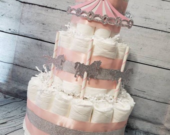 Carousel Merry Go Round Theme - 3 Tier Diaper Cake - Girl Boy Neutral Pink Blue White Gold Silver Horses Circus Baby Shower Centerpiece