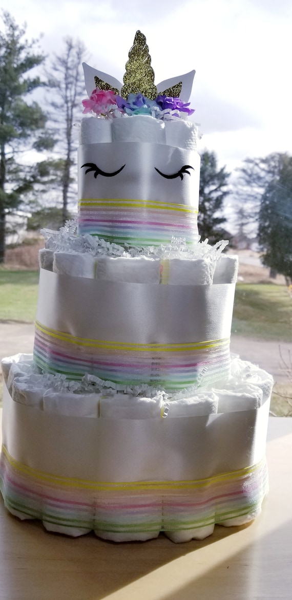 3 Tier Diaper Cake Unicorn Diaper Cake - Sleepy Unicorn Baby Shower - Silver Gold Rainbow Diaper Cake - Pastel Rainbow Diaper Cake