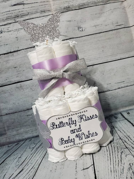 2 Tier Diaper Cake - Butterfly Kisses and Baby Wishes Theme - Purple and Silver and Gold Baby Shower Centerpiece
