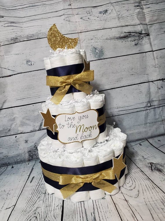 3 Tier Diaper Cake - Love you to the moon and Back Theme Navy Blue and Gold Moon Silver and Burlap and Stars Baby Shower Centerpiece