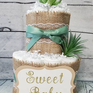 2 Tier Diaper Cake and mini 3 piece set Succulent theme Eucalyptus Green with Burlap Diaper Cake for Baby Shower / Neutral Shower image 3