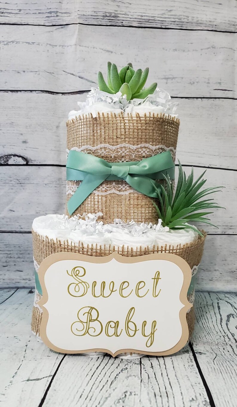 2 Tier Diaper Cake and mini 3 piece set Succulent theme Eucalyptus Green with Burlap Diaper Cake for Baby Shower / Neutral Shower image 3