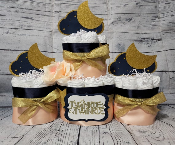 2 Tier Diaper Cake and mini 3 piece set - Twinkle Twinkle  Diaper Cake Navy Blue and Gold Peach/ Star Diaper Cake / Navy Blue Diaper Cake