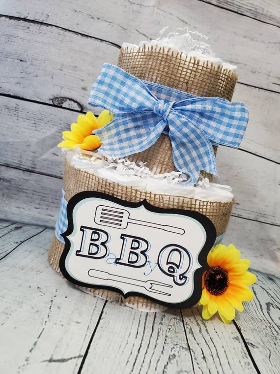2 Tier Diaper Cake - BBQ Baby Q Diaper Cake - Burlap and Blue Checker Diaper Cake Fall Theme Baby Shower Centerpiece Pink Yellow Red