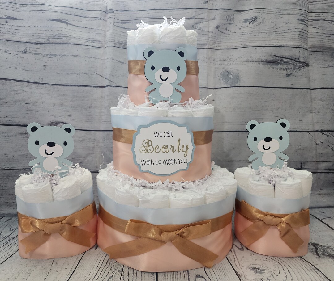 Teddy Bear Diaper Cake Set: 3-tier Baby Shower Centerpiece - Etsy