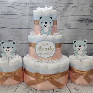 Ensemble de gâteau de couches ours en peluche : centre de table à 3 niveaux pour baby shower