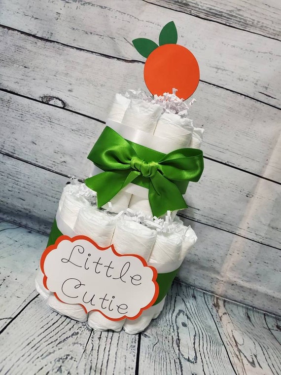 2 Tier Diaper Cake - Little Cutie Orange White and Green Theme - Clementine Baby Shower Centerpiece