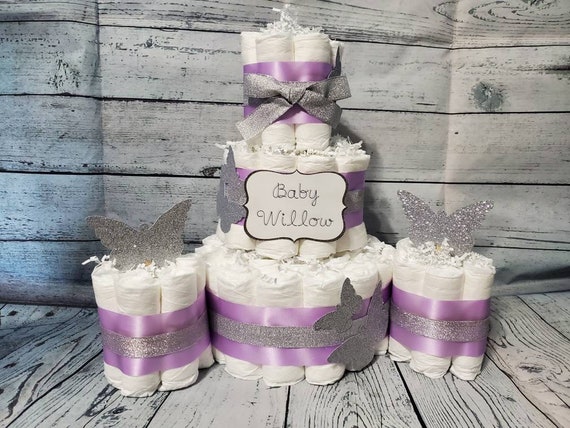 3 Tier Diaper Cake and mini 3 piece set - Butterfly Kisses and Baby Wishes Theme - Purple and Silver and Gold Baby Shower Centerpiece