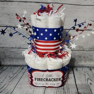 3 Tier Diaper Cake 3 piece set Red White Blue Firecracker theme Diaper Cake for Baby Shower / 4th of July Shower Centerpiece Stars Stripes image 8