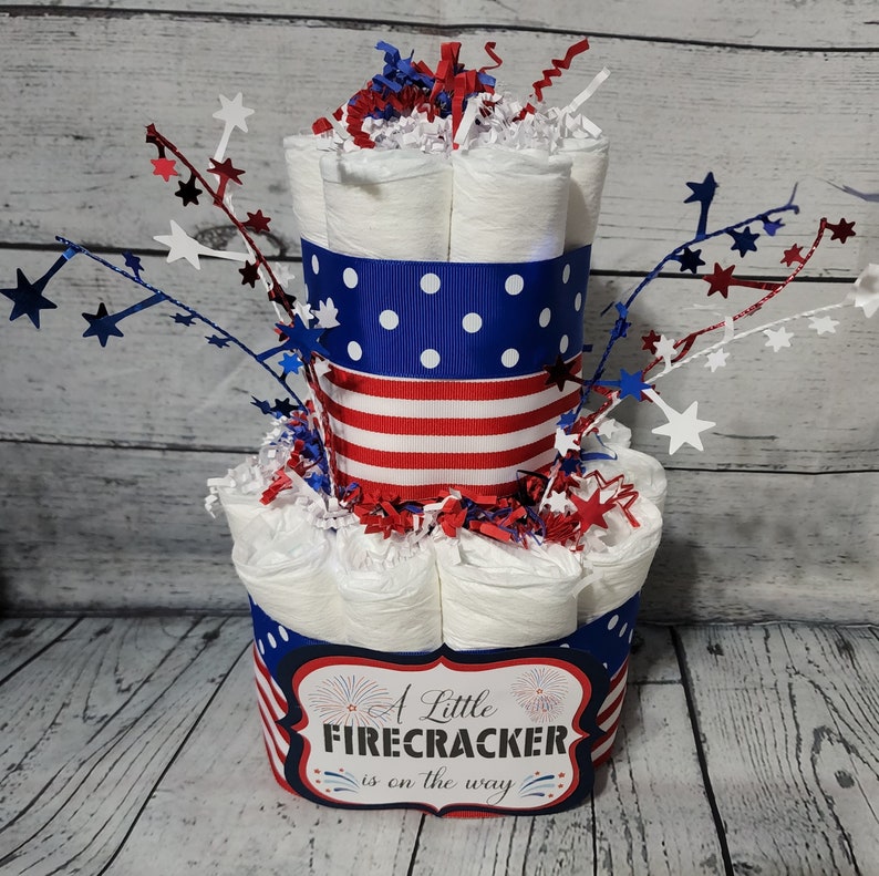 3 Tier Diaper Cake 3 piece set Red White Blue Firecracker theme Diaper Cake for Baby Shower / 4th of July Shower Centerpiece Stars Stripes image 8