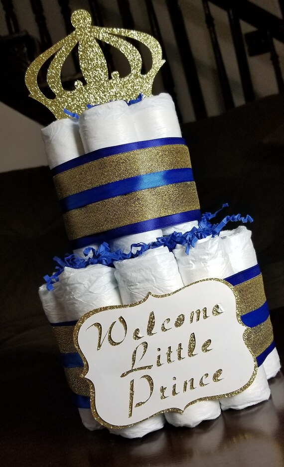 2 Tier Diaper Cake Royal Blue And Gold Custom Prince Theme For Baby Shower Centerpiece