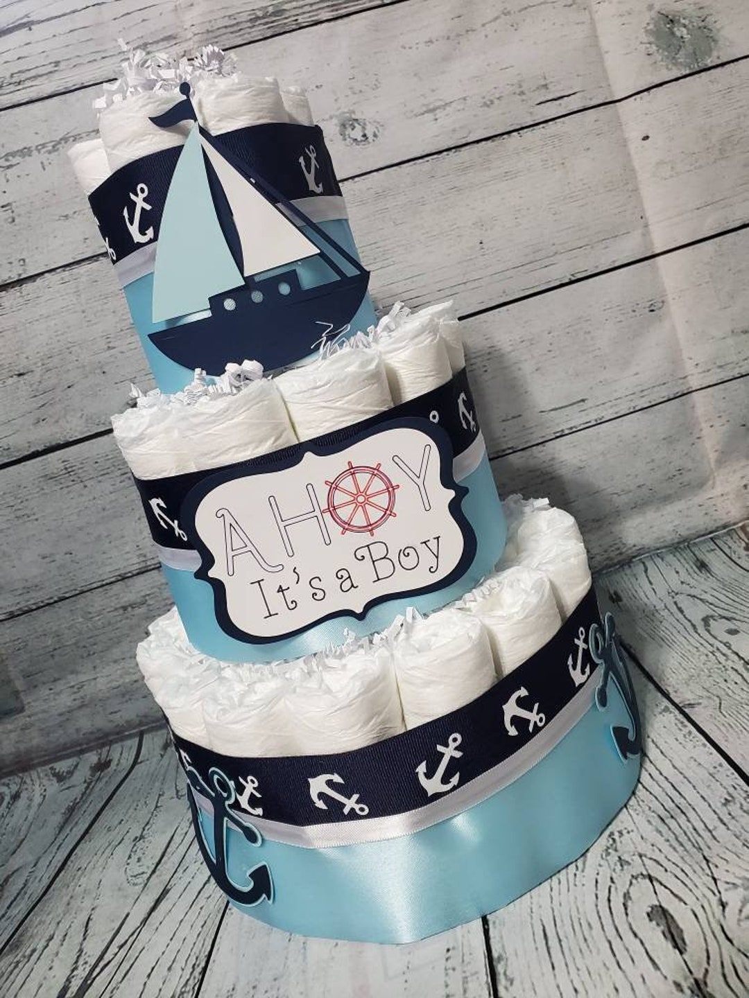 3 Tier Diaper Cake Nautical Theme Navy Blue and White Ship and Anchor, Ahoy  Its a Boy Diaper Cake Baby Shower Centerpiece 