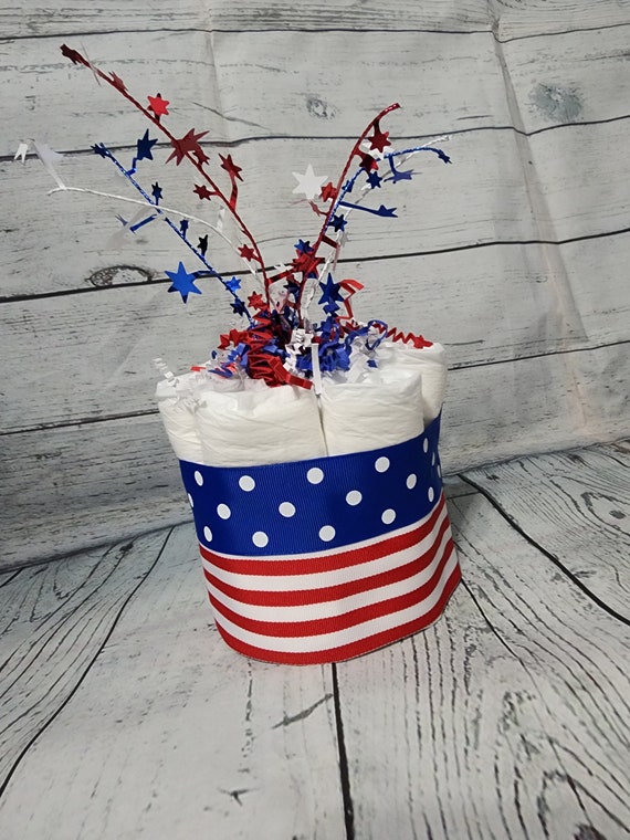 Mini Diaper Cake - Red White Blue Firecracker theme Diaper Cake for Baby Shower / 4th of July Shower Centerpiece Stars Stripes American Flag