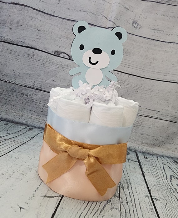 Mini Diaper Cake Teddy Bear Theme Blue Gold Peach Diaper Cake for Baby Shower Centerpiece Pink White and Brown