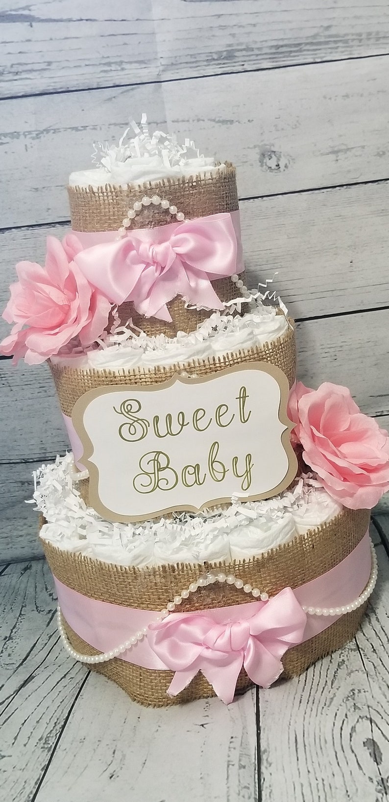3 Tier Diaper Cake Shabby Chic Diaper Cake Blush Pink Diaper Cake Sweet Baby Diaper Cake Vintage Burlap Diaper Cake Flower Cake