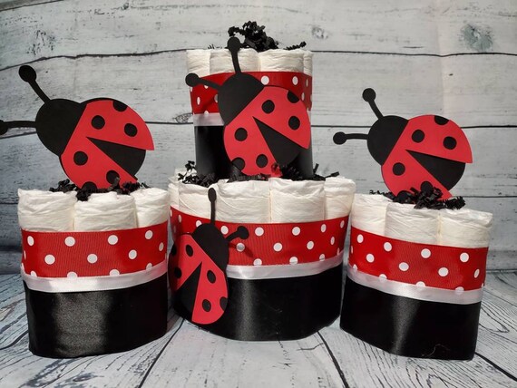 2 Tier Diaper Cake and mini 3 piece set - Lady Bug Theme - Red Polka Dot and Black Baby Shower Centerpiece