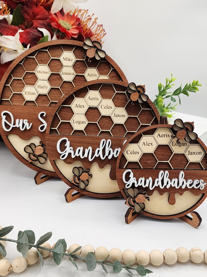 Personalized Bee Hive Family Tree Plaque, Custom Bee Family Gift For Grandma Grandbabees Sign, Mothers Day Gift Grandparents Gift Home Decor image 9