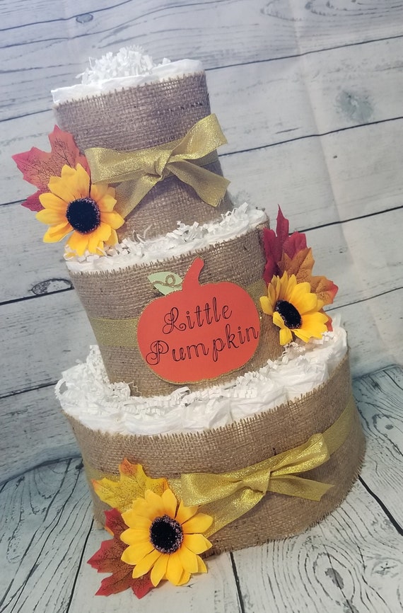 3 Tier Diaper Cake - Little Pumpkin Burlap and Gold - Fall Theme Baby Shower Centerpiece - Sunflowers and Leaves