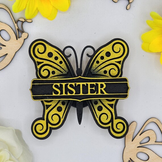 Sister Butterfly Car Vent Clip with Diffuser foam pad Yellow Black - Simple Gifts, 3" Wood decor, Mothers Day Gift Grandparents Gift Home