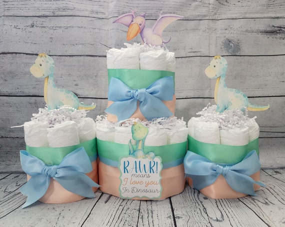 2 Tier Diaper Cake and mini 3 piece set - Dinosaur Theme - Blue and Green Peach Dino Baby Shower Centerpiece Virtual Baby Shower RAWR Means