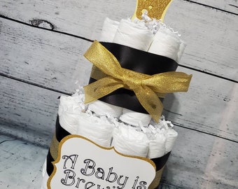 A Baby is Brewing Theme - 2 Tier Diaper Cake - Black and Gold Baby Bottle Baby Shower Centerpiece Pink and Blue Options