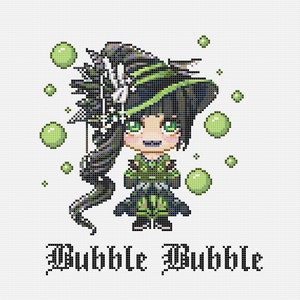 May include: A green and black pixel art illustration of a witch with a green hat and long black hair. The witch is surrounded by green bubbles. The text "Bubble Bubble" is written below the witch.