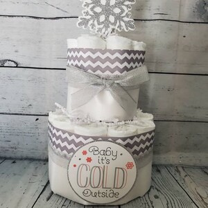 2 Tier Diaper Cake and mini 3 piece set Baby it's Cold Outside Theme Silver Snowflakes Red Blue Pink Winter Theme Baby Shower image 6