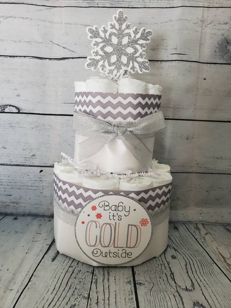 2 Tier Diaper Cake and mini 3 piece set Baby it's Cold Outside Theme Silver Snowflakes Red Blue Pink Winter Theme Baby Shower image 6