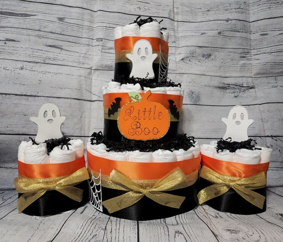 3 Tier Diaper Cake and mini 3 piece set - Little Boo Pumpkin Theme Gold Black Orange Ghost Spiderweb Bats Halloween Baby Shower Centerpiece