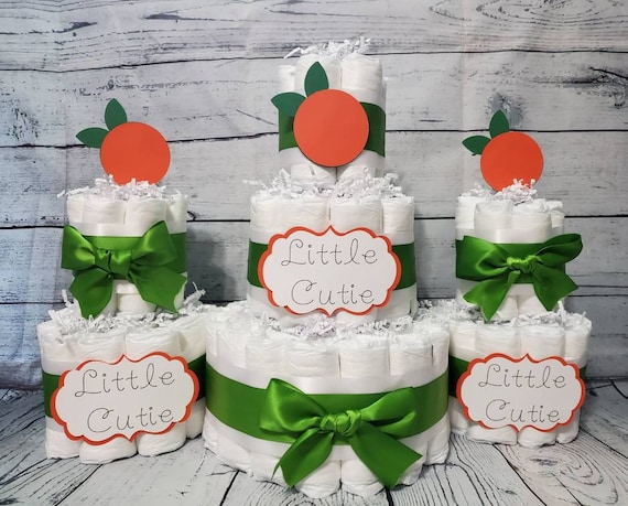 3 Tier Diaper Cake 3 piece set - Little Cutie Orange White and Green Theme - Clementine